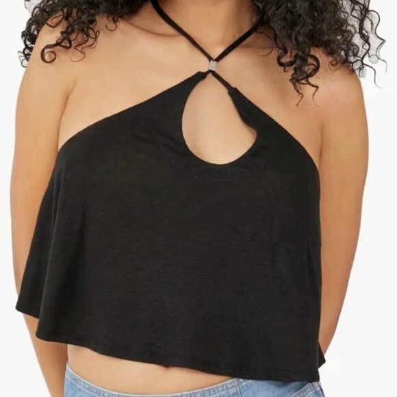 Free People Cropped Halter Tank Top XL Black Knit Linen-blend Long Weekend NWT - Picture 3 of 16